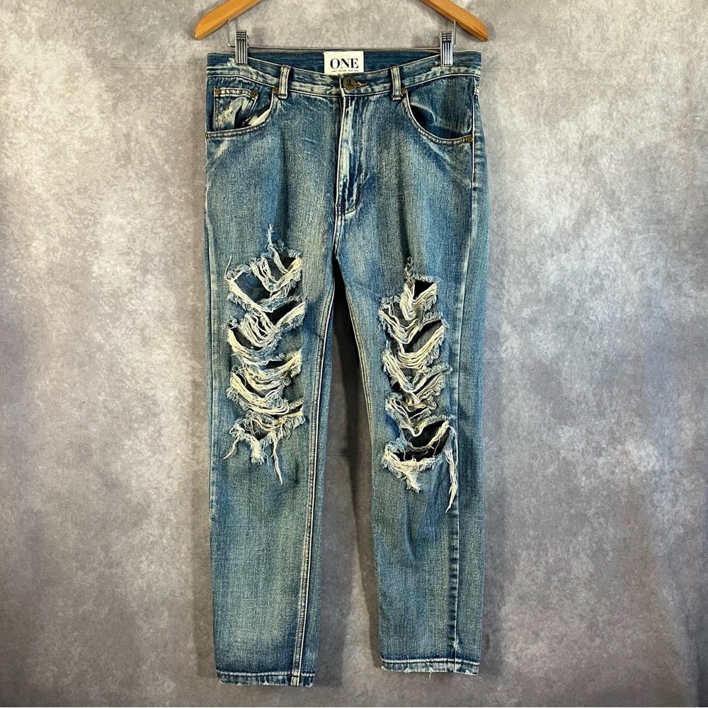 One by One Teaspoon Super Baggies Jeans Women‎ 26 Blue Distressed Shredded Denim